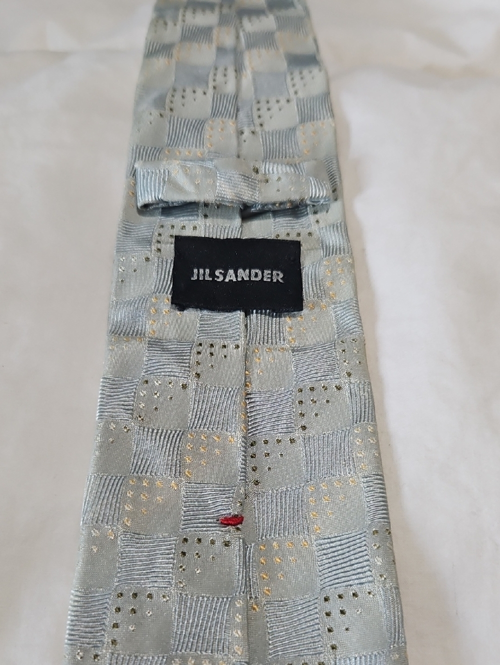 Jil Sander Light Silver Checkered Silk Tie with Gold Accents